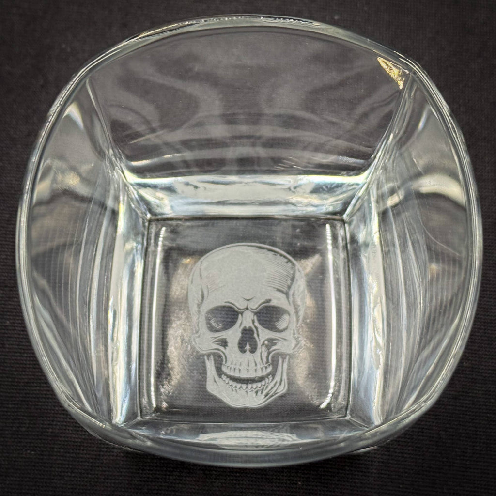 Skull - Bottom Etched 10 oz Square Rocks Glass