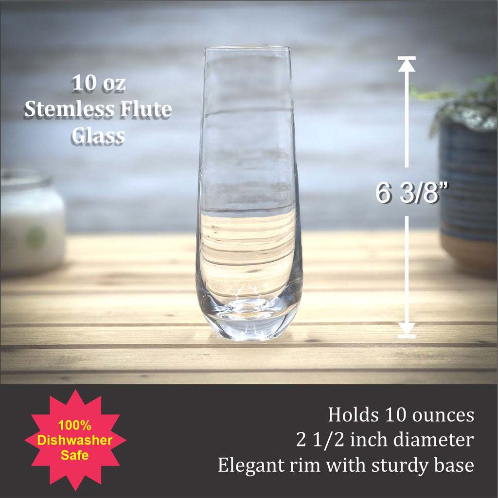 a stemless flute glass on a wooden surface, with a candle and a plant in the background. The glass is described as 10 oz and has a 6 3/8" diameter. It is also noted that the glass holds 10 ounces and has an elegant rim with a sturdy base.