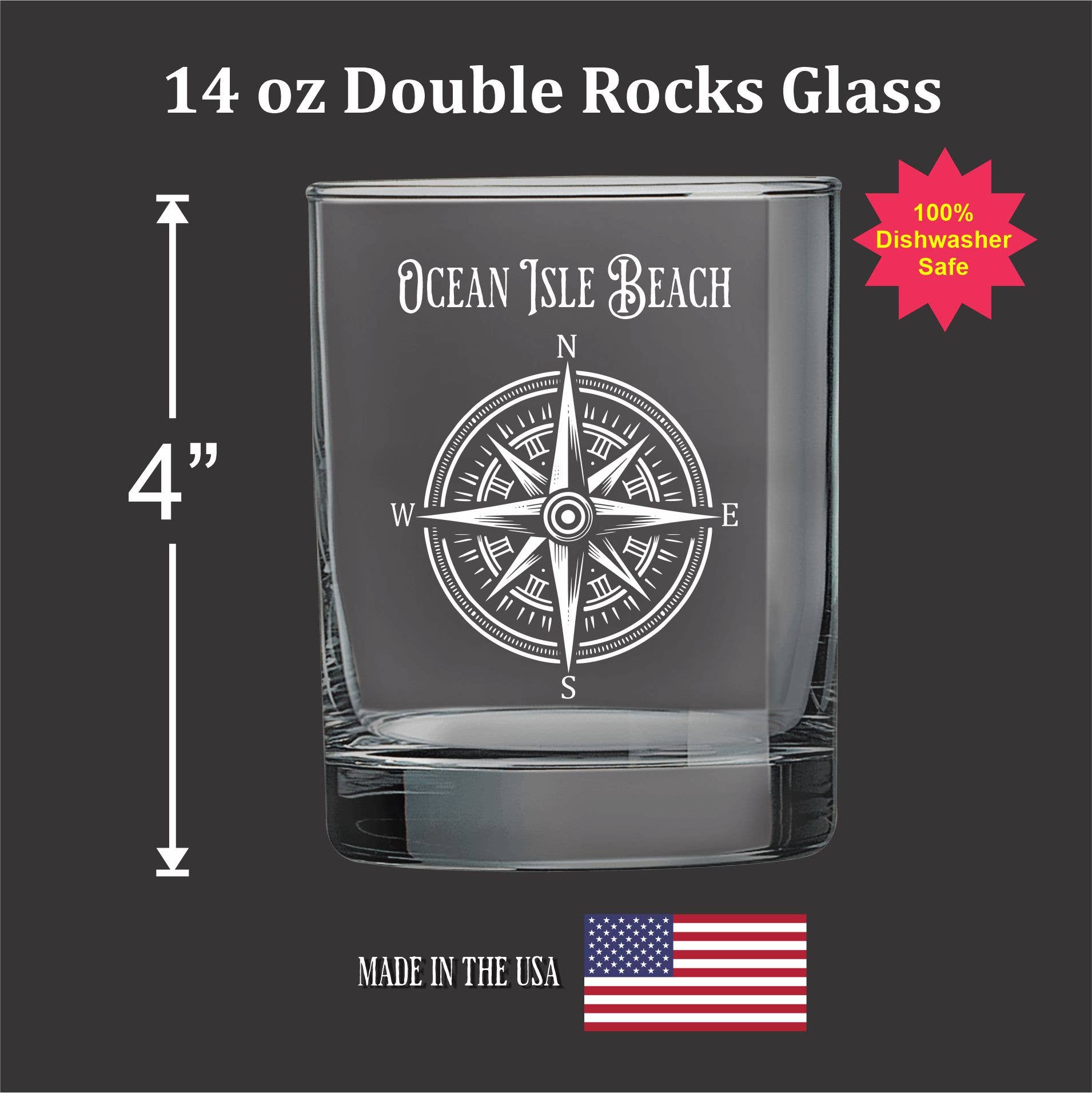 Double Old Fashioned Glass - 14 oz Etched Compass Tumbler with Custom Text