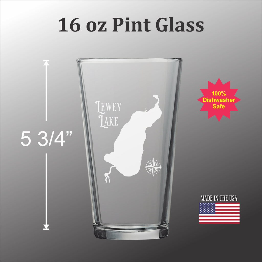 A 16 oz pint glass with a design of Lewey Lake on it.
