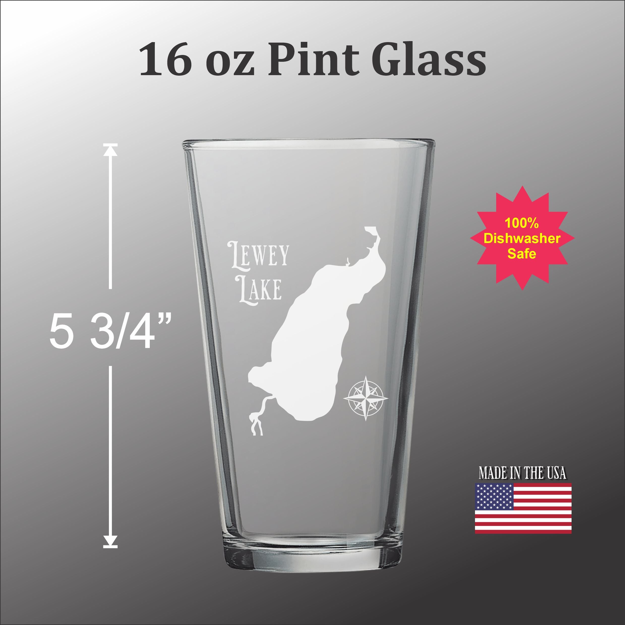 A 16 oz pint glass with a design of Lewey Lake on it.
