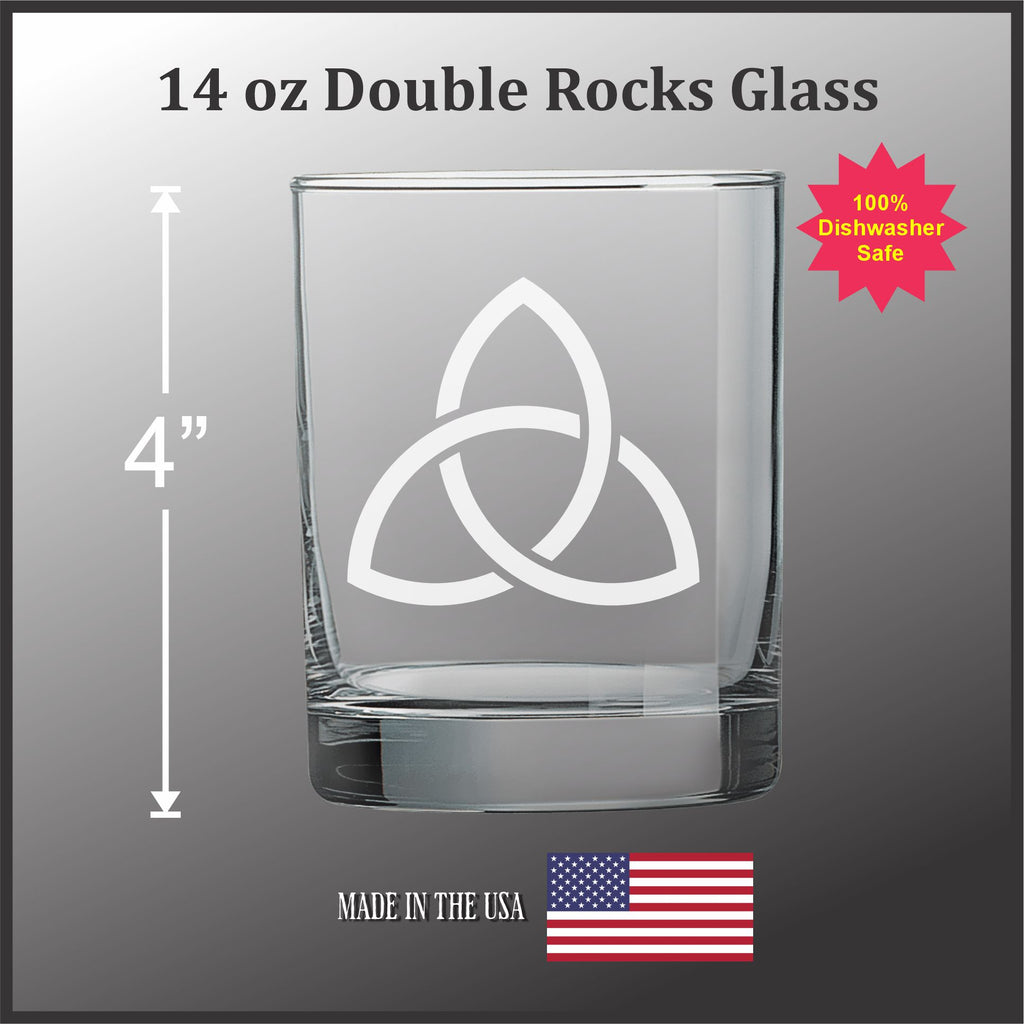 a 14 oz Double Rocks glass with a white design on it.