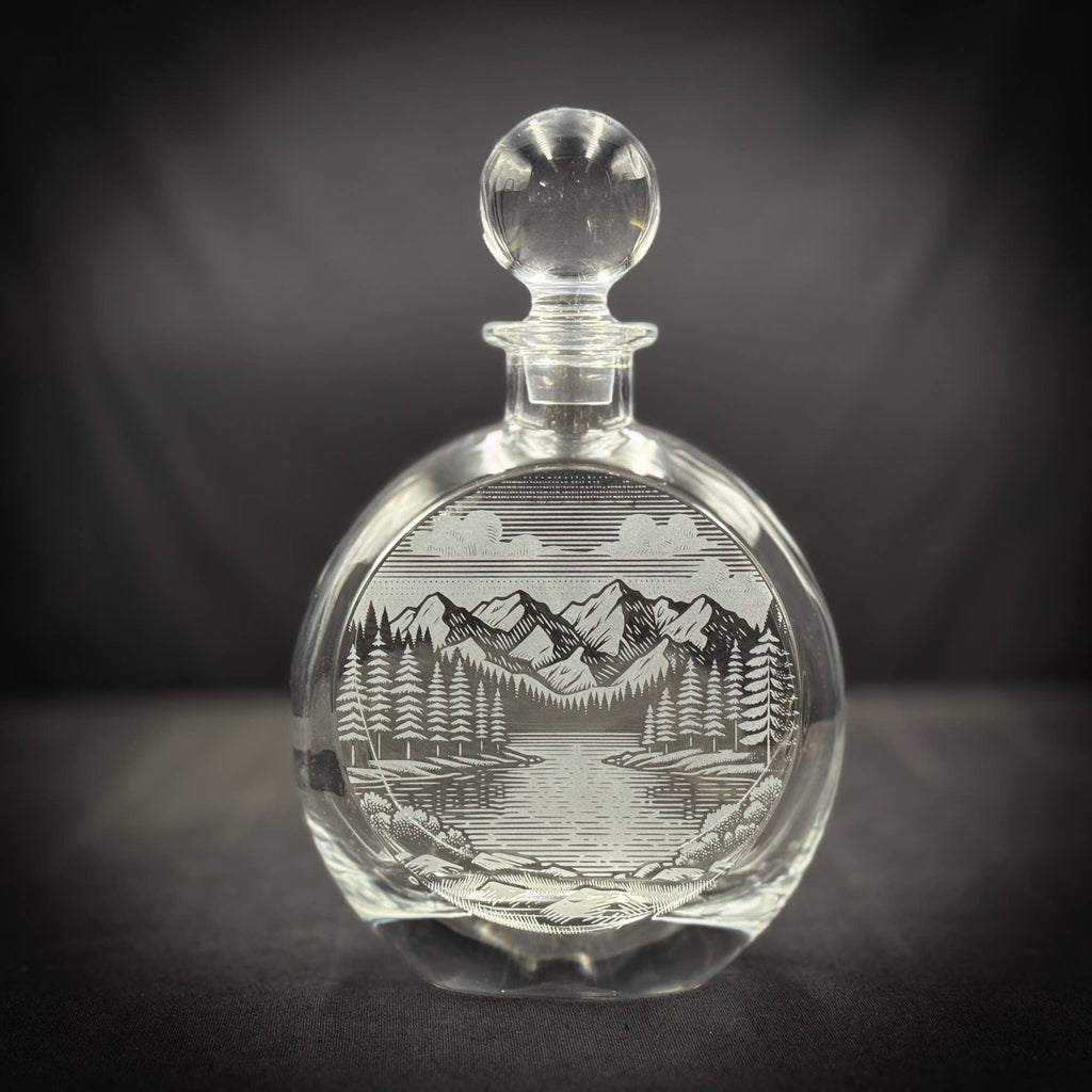 Mountains and Lake Scene - 750mL Flat Round Glass Decanter