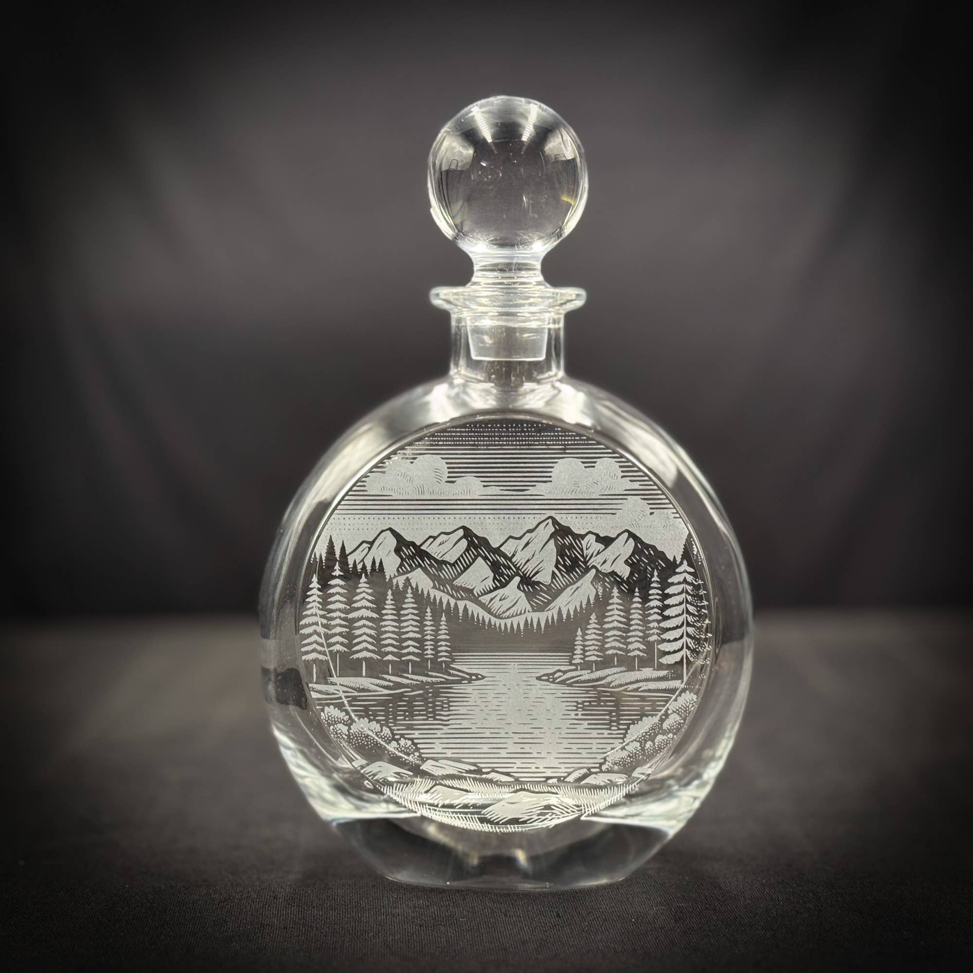 Mountains and Lake Scene - 750mL Flat Round Glass Decanter