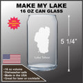 a 16 oz can glass with a design of Lake Tahoe on it. The glass is described as a dishwasher safe, made in the USA, and suitable for beer or cocktails.