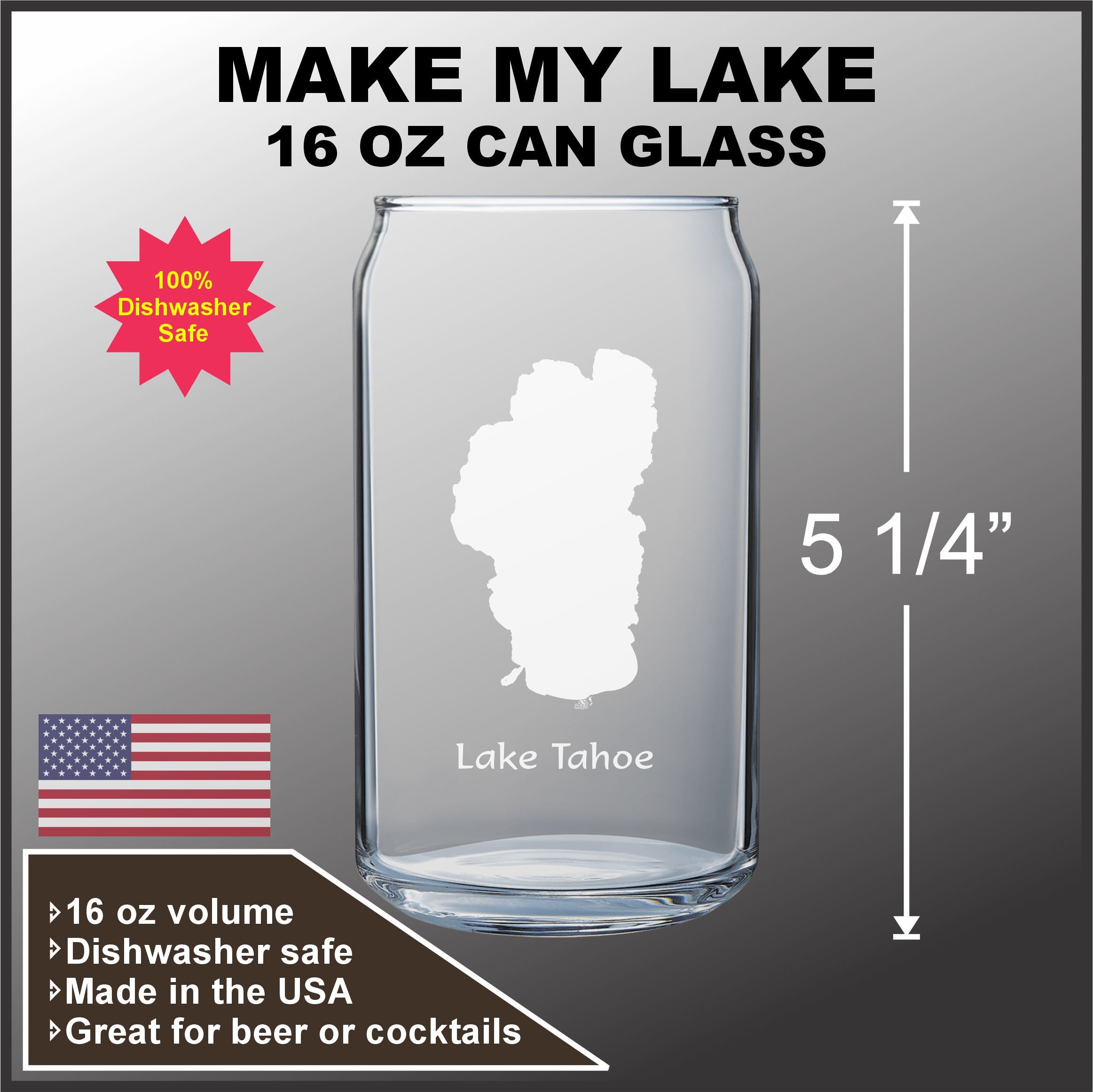a 16 oz can glass with a design of Lake Tahoe on it. The glass is described as a dishwasher safe, made in the USA, and suitable for beer or cocktails.
