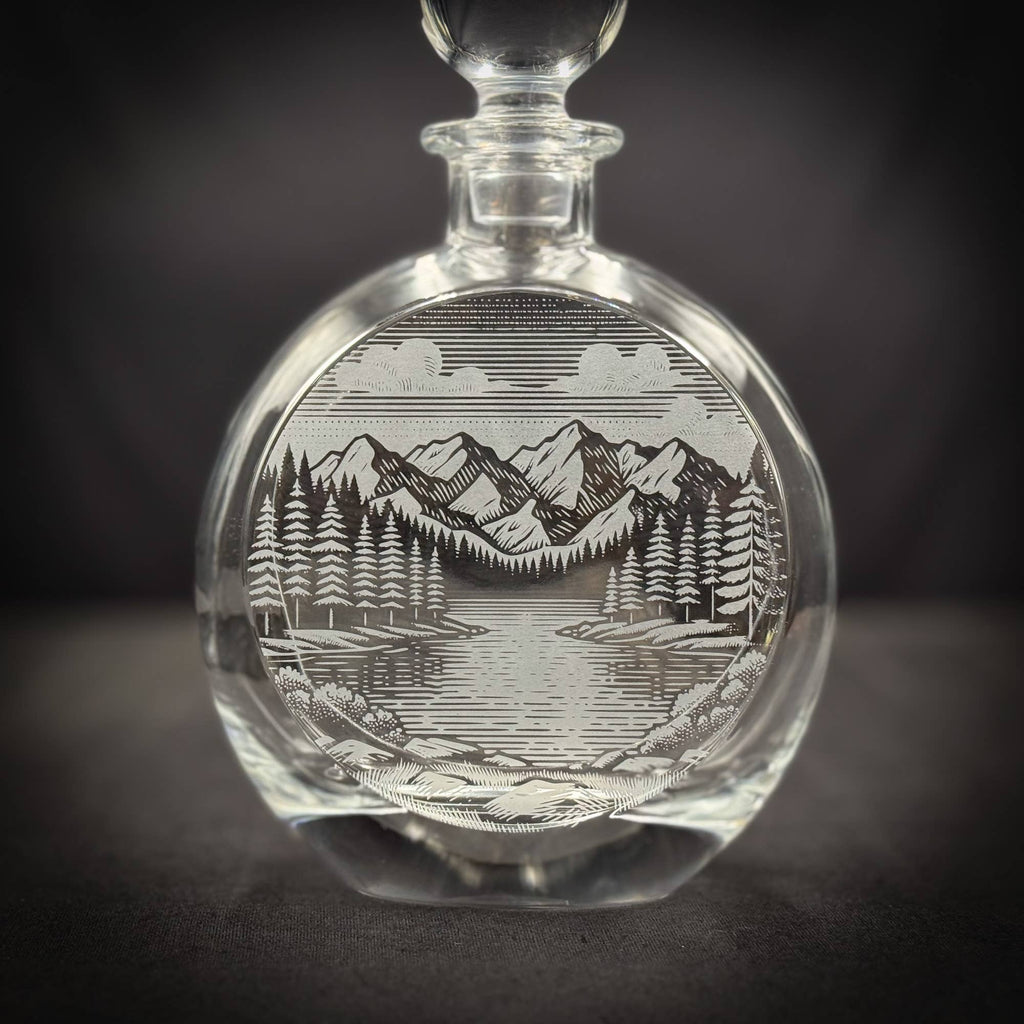 Mountains and Lake Scene - 750mL Flat Round Glass Decanter
