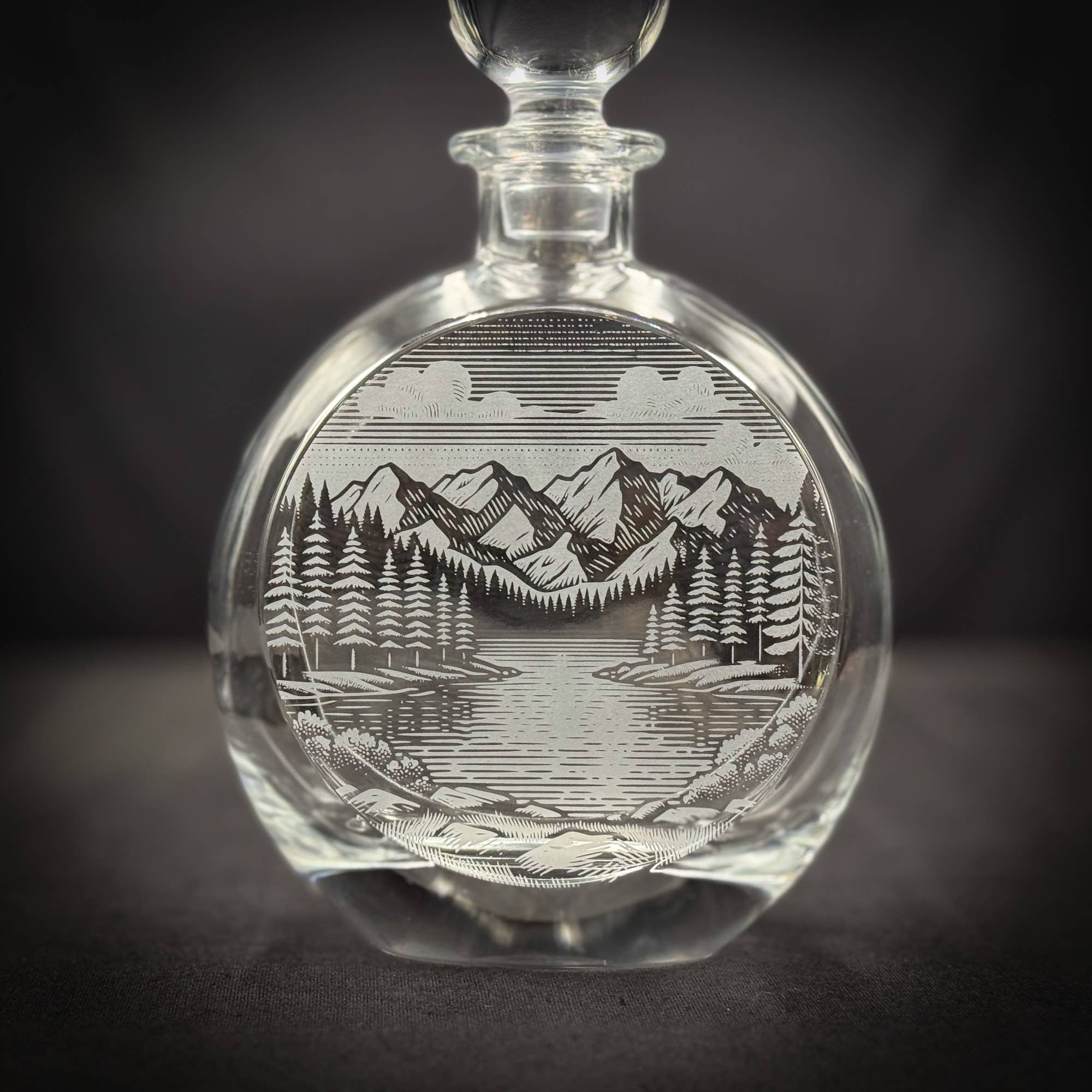 Mountains and Lake Scene - 750mL Flat Round Glass Decanter