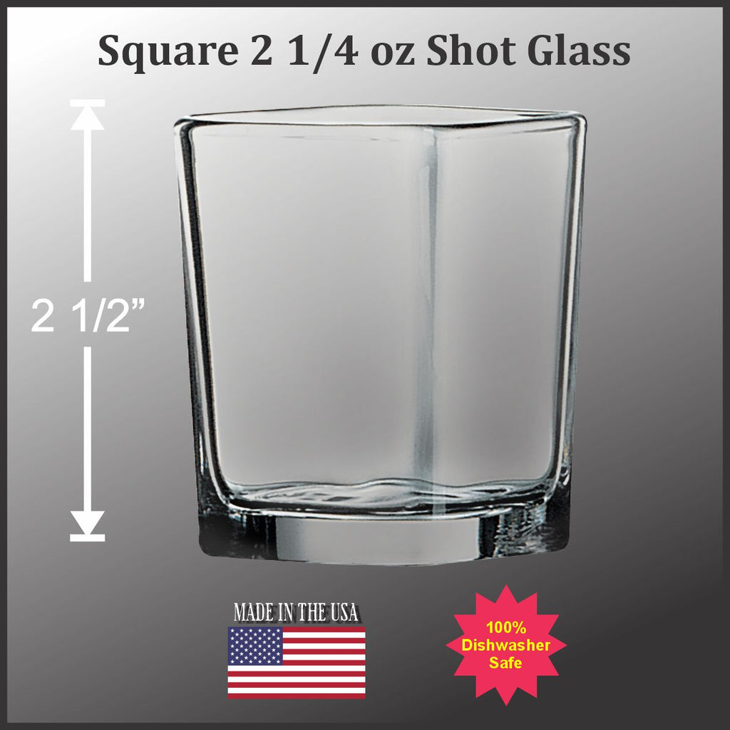 a clear shot glass with a square shape and a 1/4 oz capacity. The glass is made in the USA and is 100% disposable, ensuring safety.