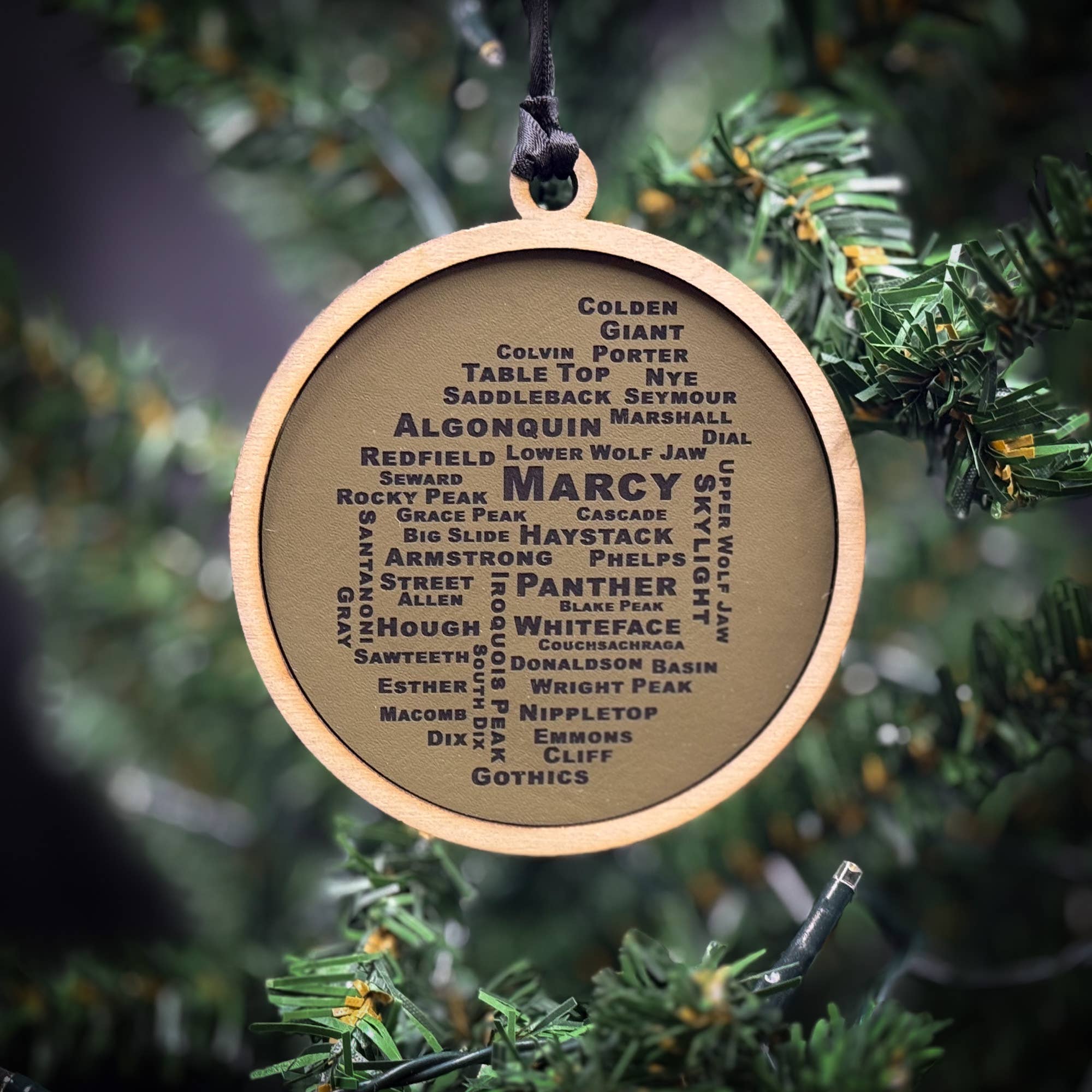 46 High Peaks Adirondacks Wood and Leatherette Ornament