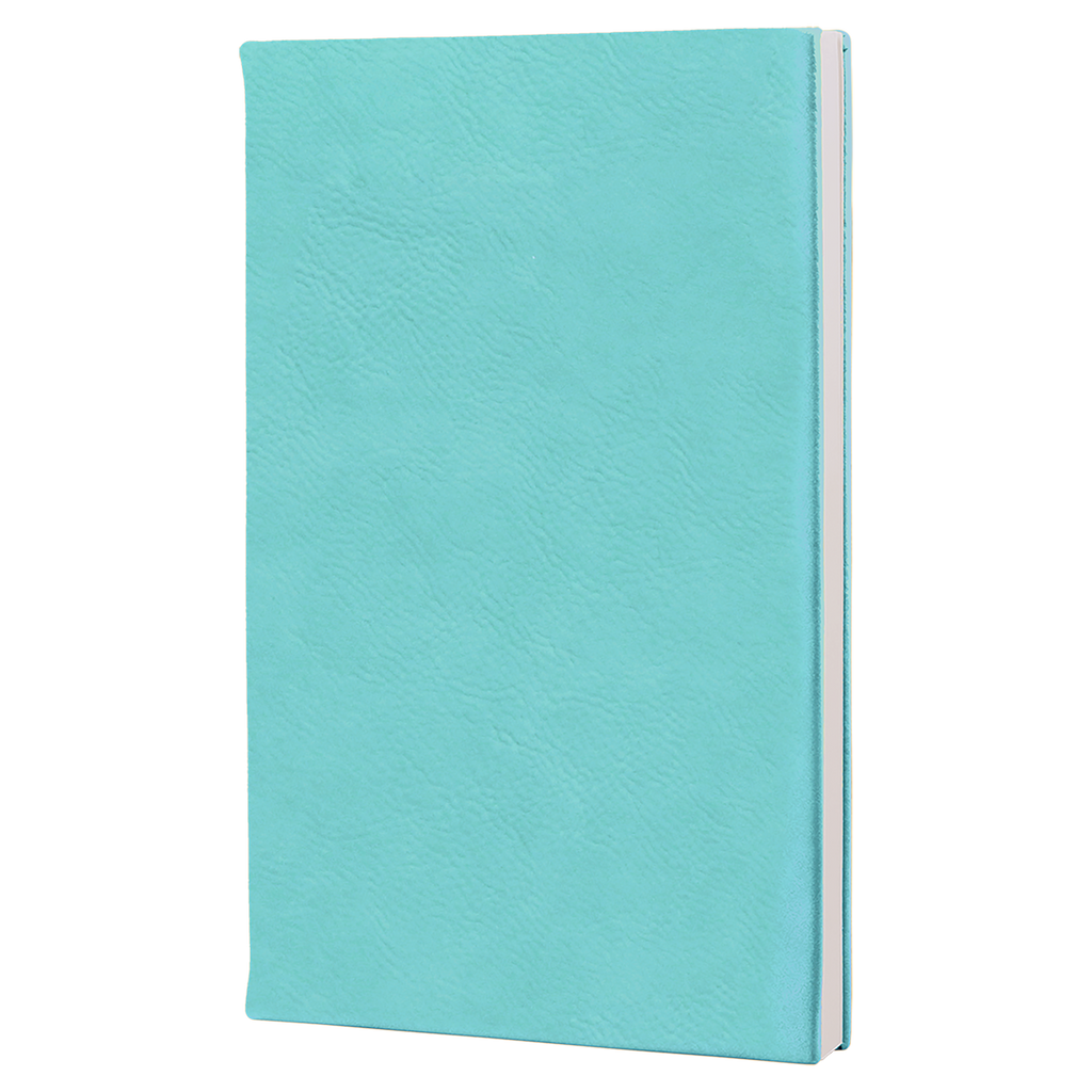 A turquoise-colored notebook or journal with a white spine, placed on a wooden surface.