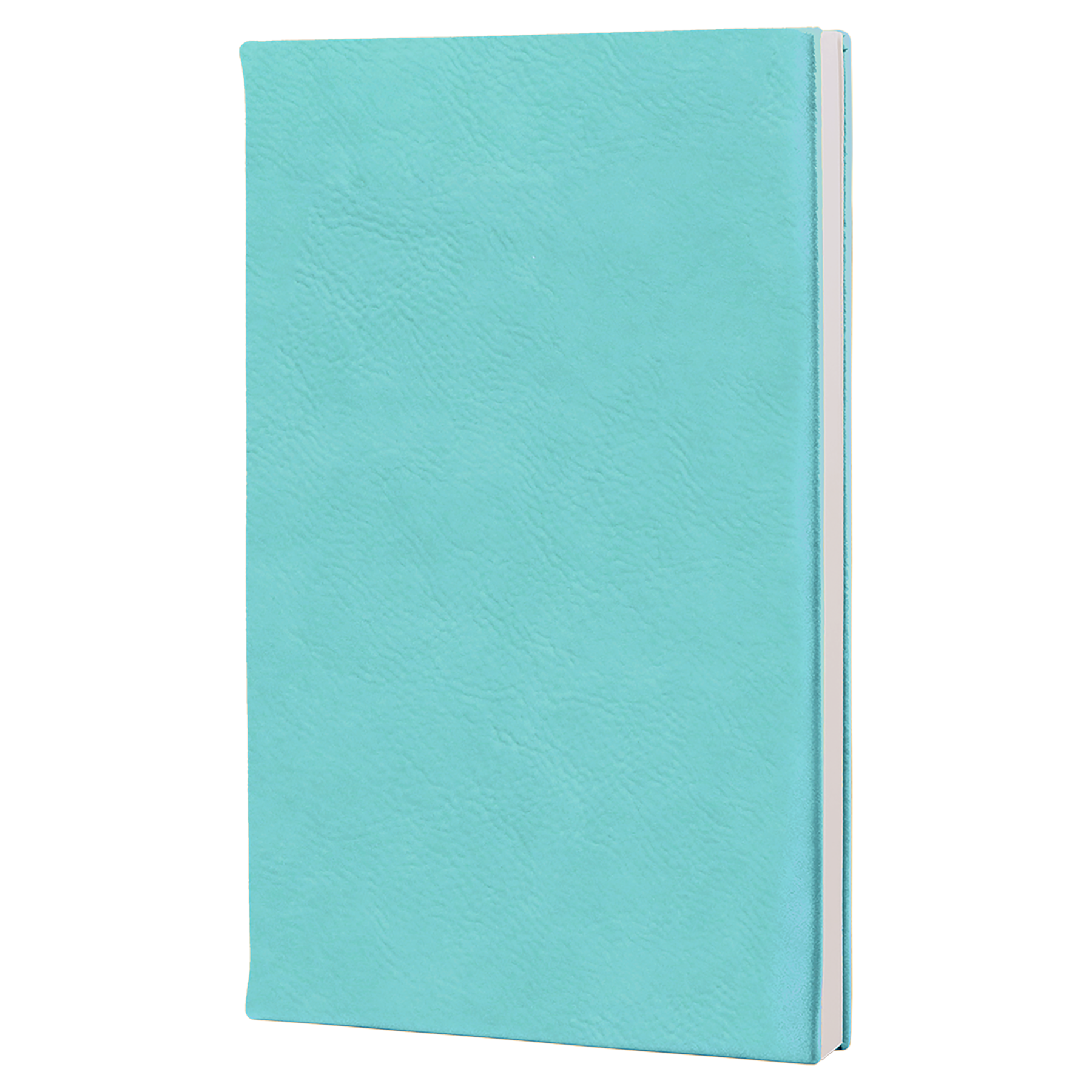 A turquoise-colored notebook or journal with a white spine, placed on a wooden surface.