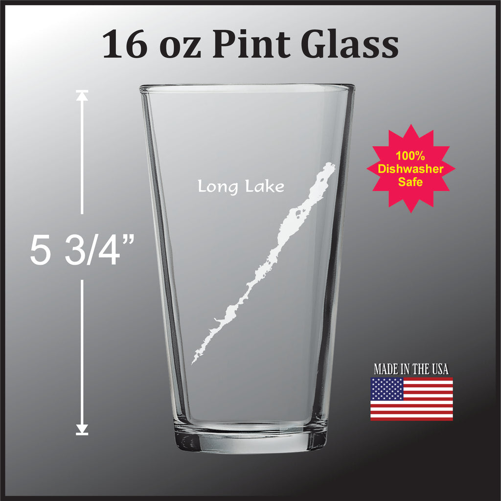 a pint glass with a design of a lake on it, along with some text and a logo.