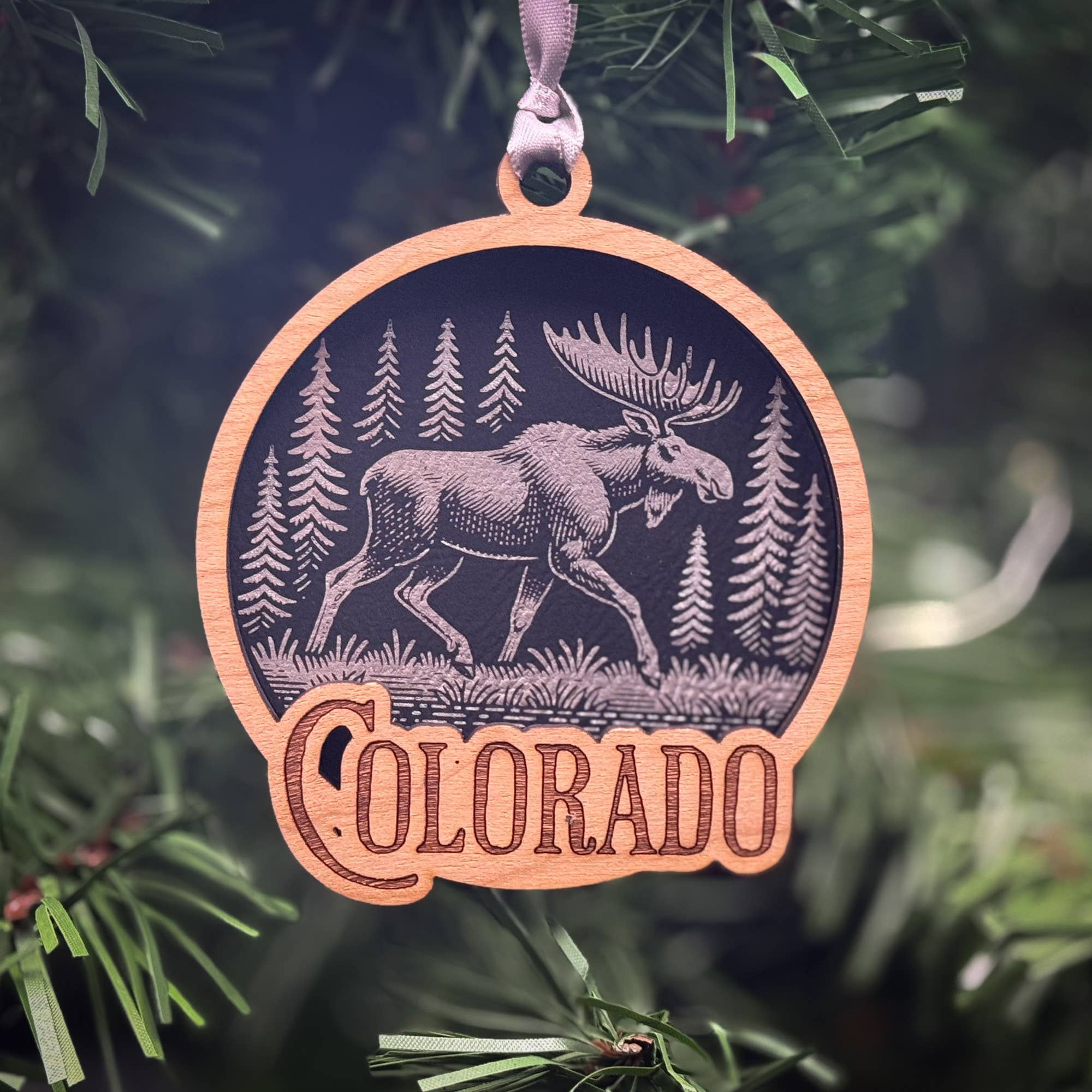 Moose in a Forest Wood Ornament 3 Layered