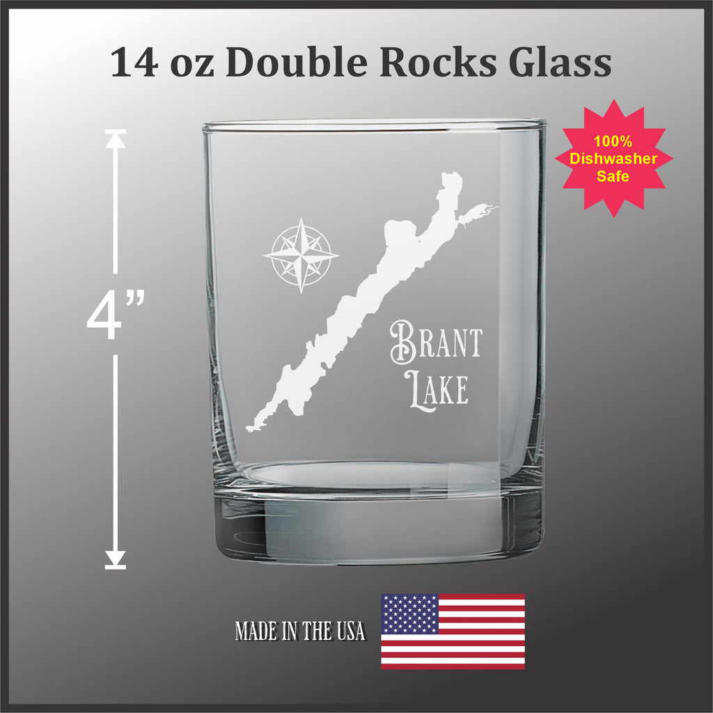 A 14 oz glass with a double rock design and the word "Brant Lake" printed on it. The glass is made in the USA and is described as a "safe" product.