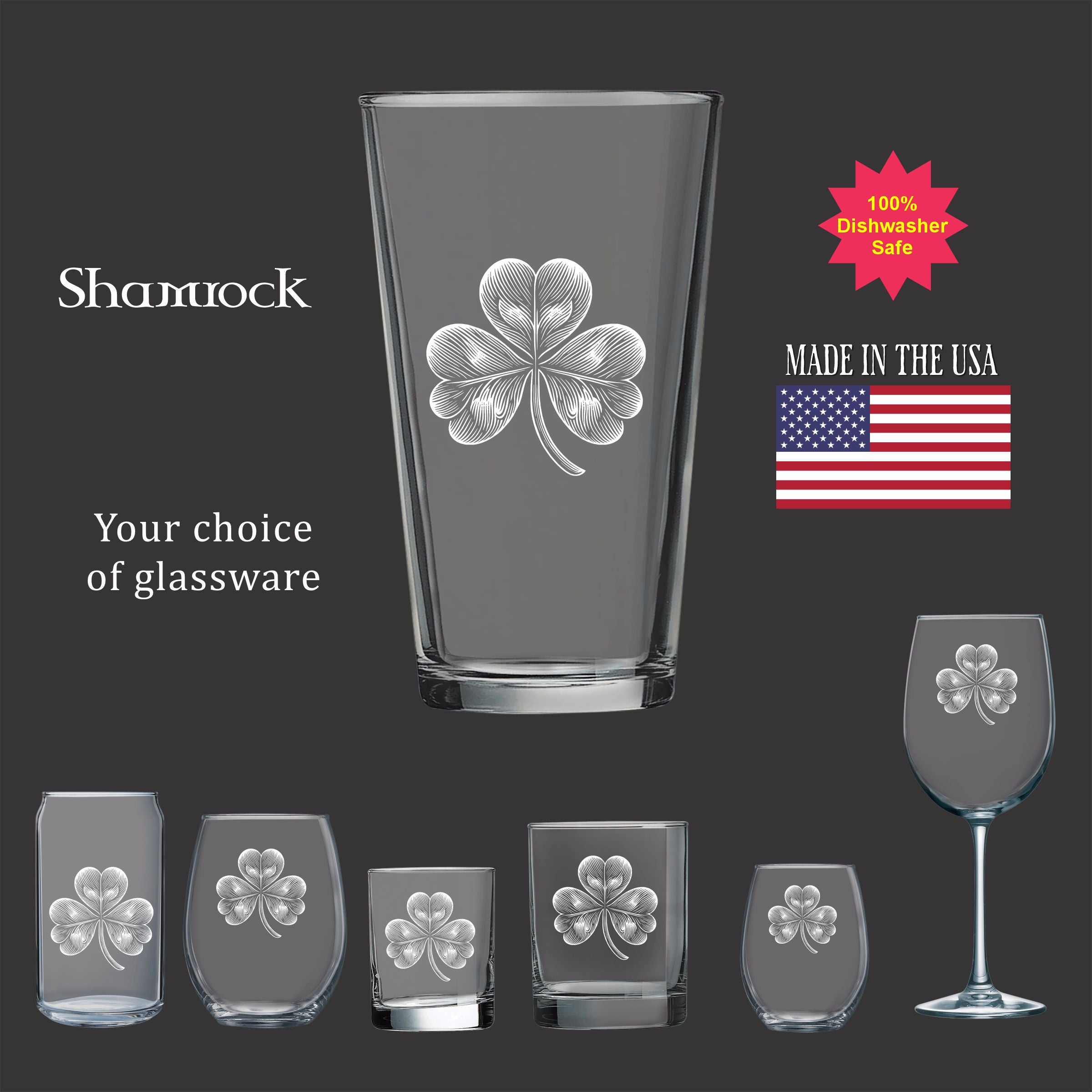a collection of glassware with a shamrock design, including a pint glass, wine glasses, and shot glasses, all with the Shamrock logo.