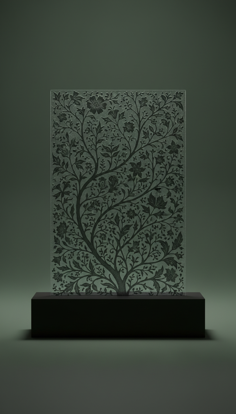 Glass panel with midnight botanical etching