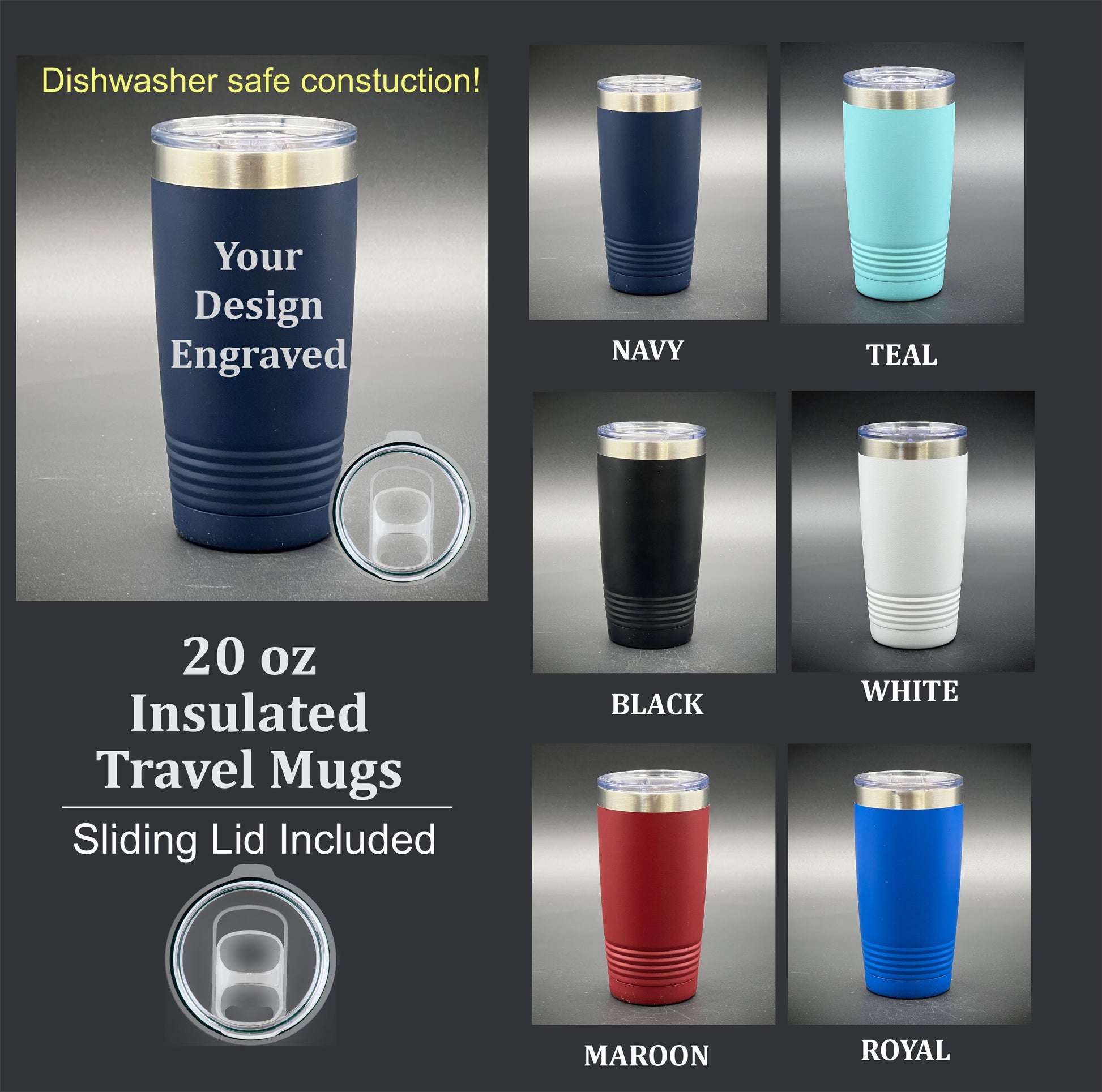 the insulated travel mugs are shown in different colors