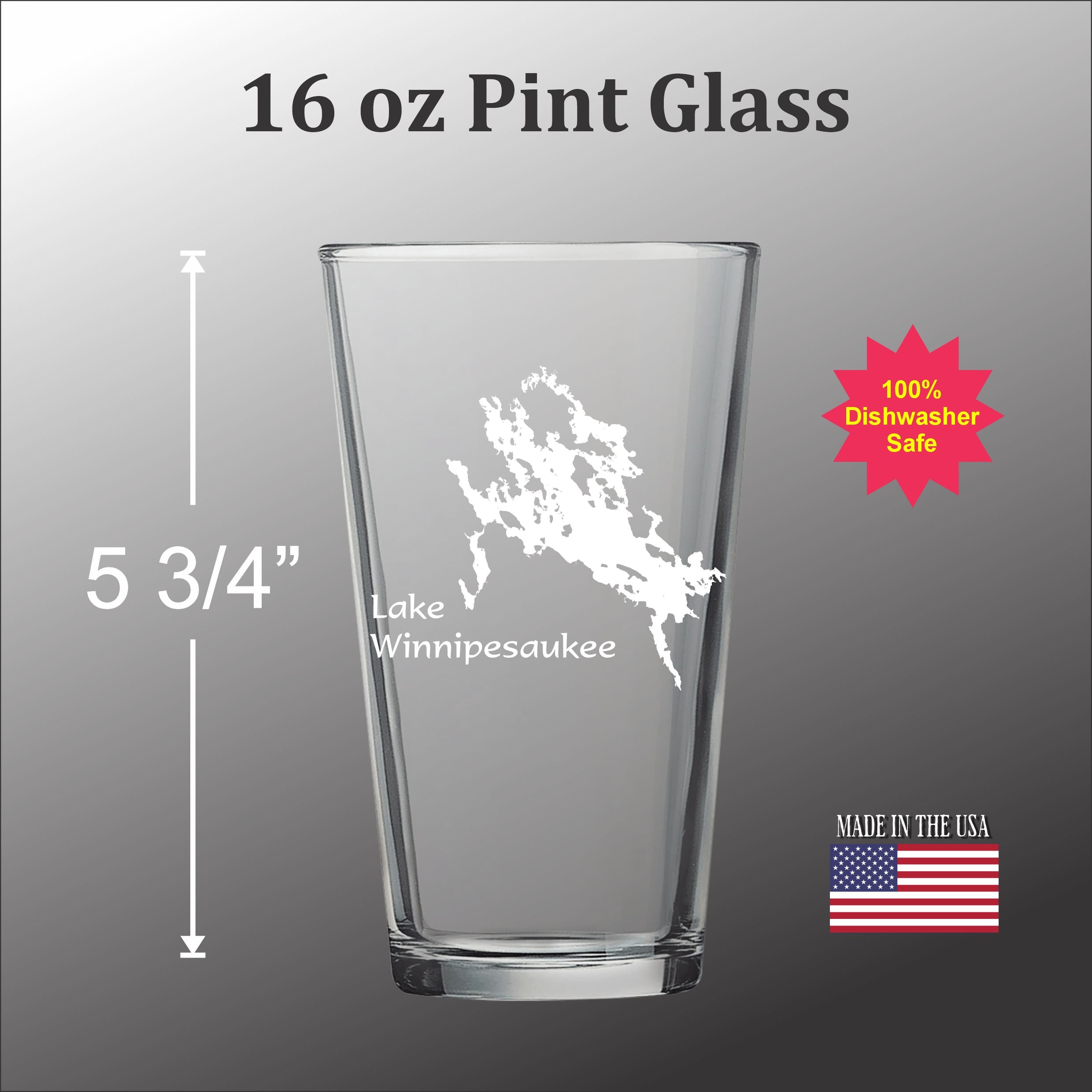 A 16 oz pint glass with a white lake map design on it, along with measurements and a safety note.