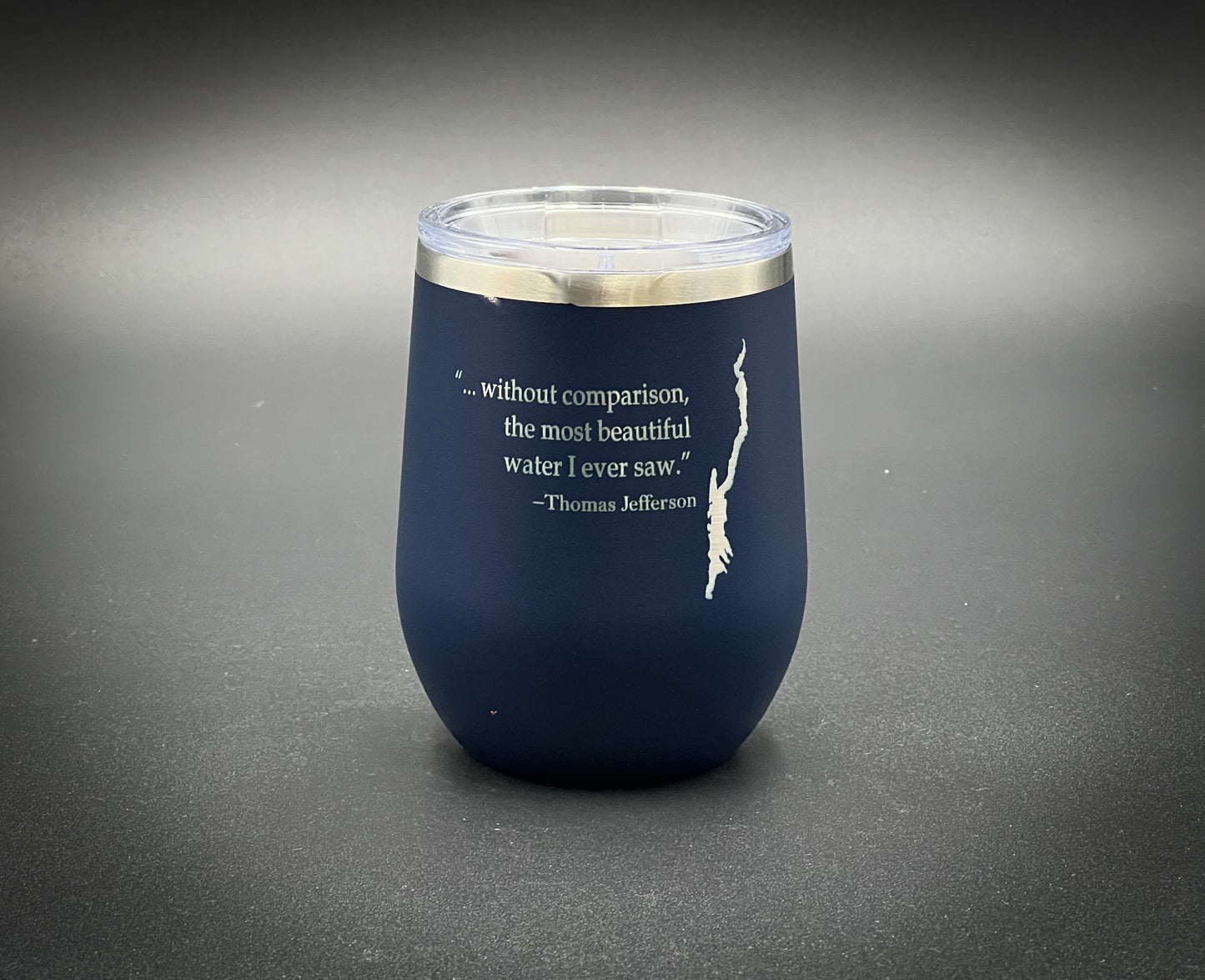 Lake George with Thomas Jefferson quote   12 oz Insulated Stemless Wine