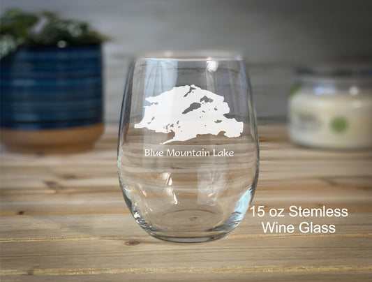 Blue Mountain Lake - Etched 15 oz Stemless Wine Glass