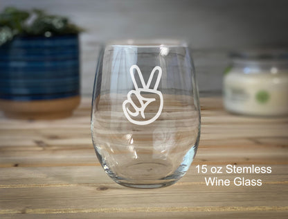 Peace Sign - Etched 15 oz Stemless Wine Glass