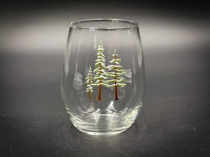 Snowy Trees Hand Painted -  15 oz Stemless Wine Glass