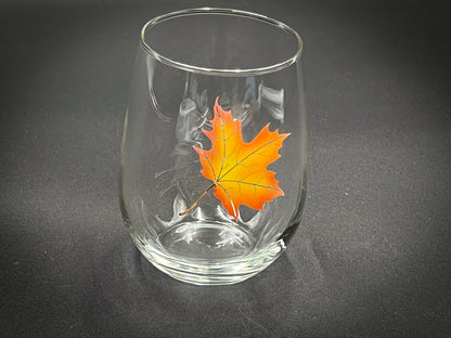 Fall Maple Leaf Engraved and Painted - 17 oz Stemless Wine Glass