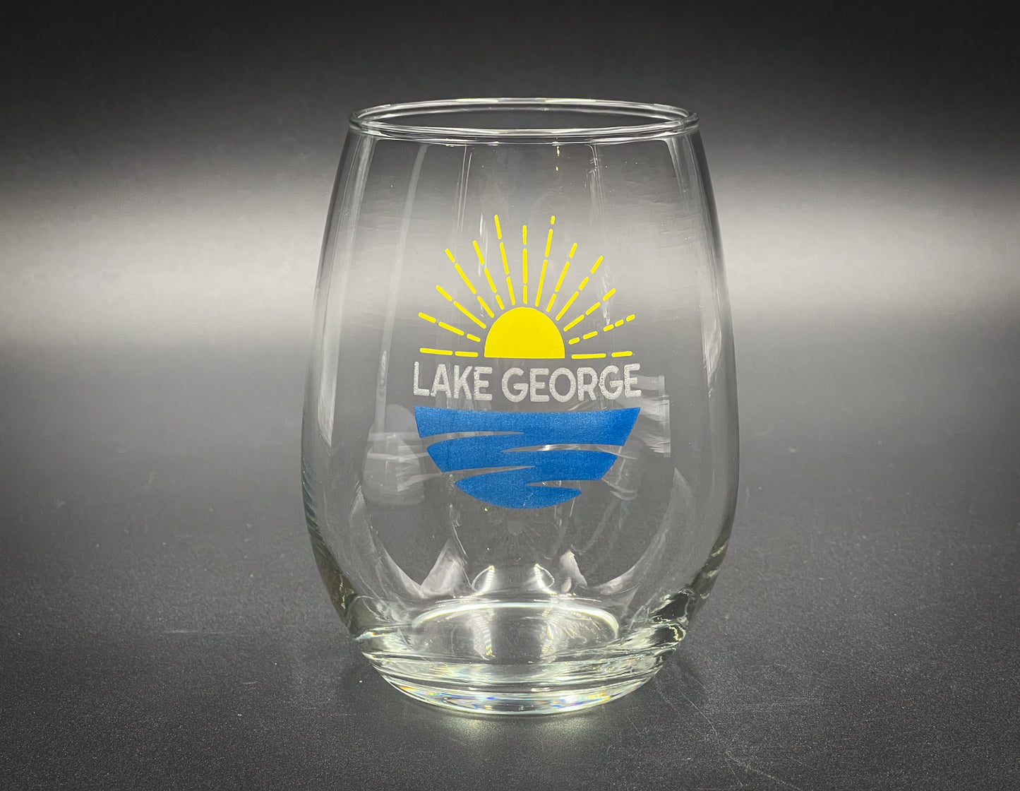 Lake George Sunny Days Engraved and Painted -  21 oz Stemless Wine Glass