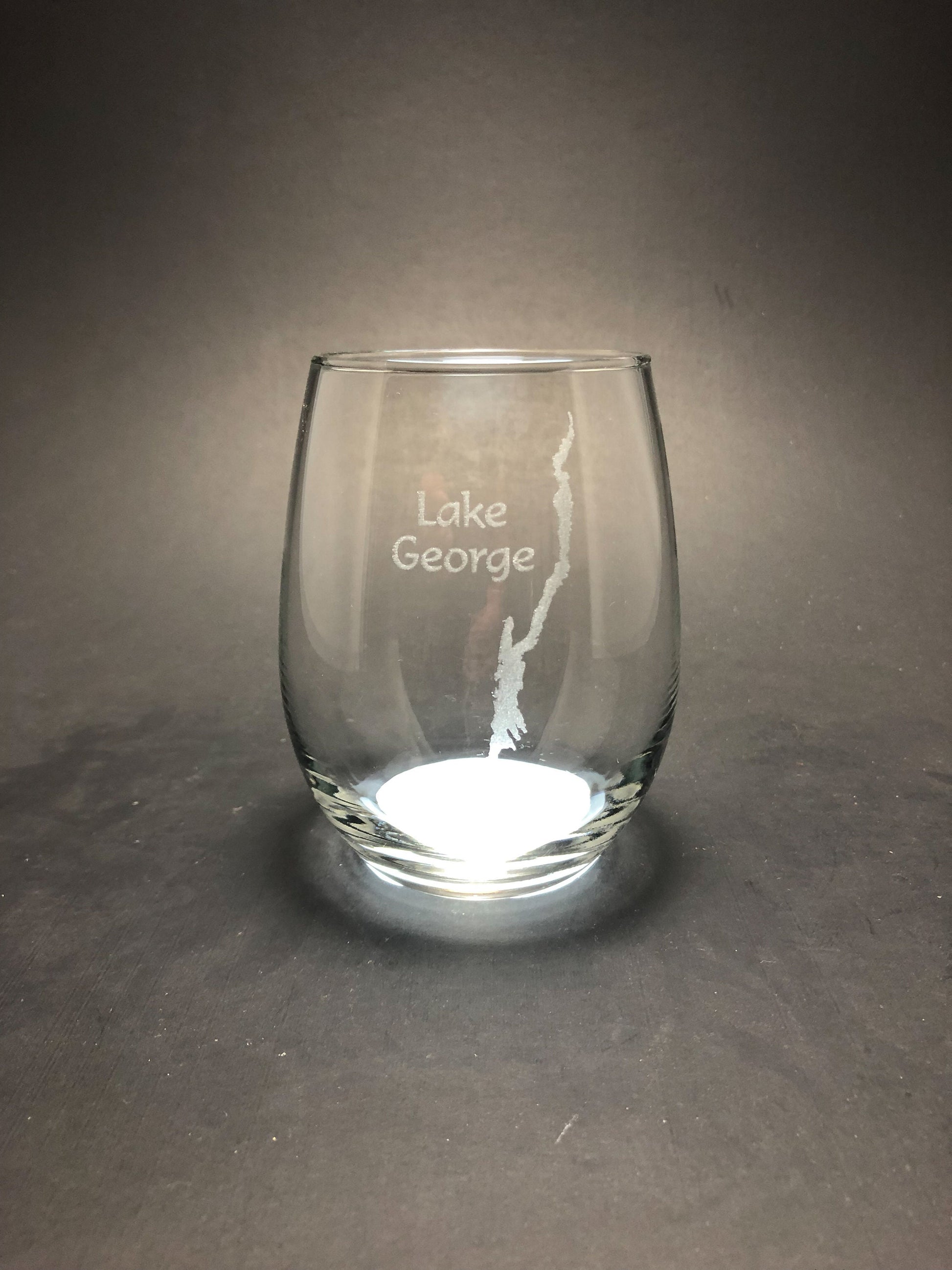 Lake George with Lake Outline - Etched 15 oz Stemless Wine Glass